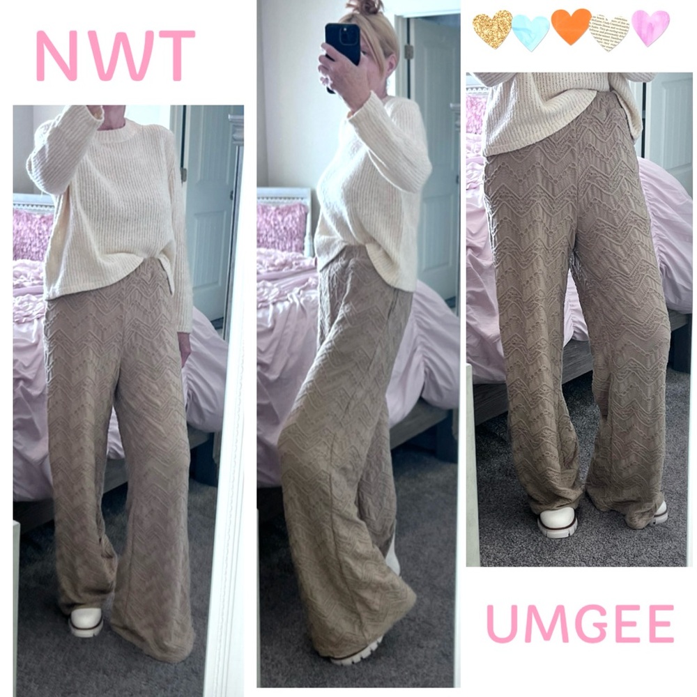 Umgee Crochet Texture Tan / Taupe Hues Comfy Soft Pull on Pants Sz Medium NWT